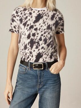Brushed cashmere T-shirt in cow print